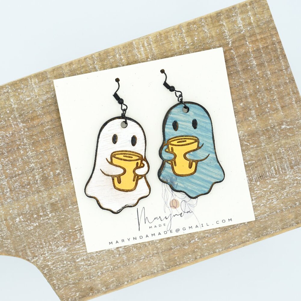 Hand-Painted Ghost Earrings with Coffee | Wooden Fall Halloween Jewelry